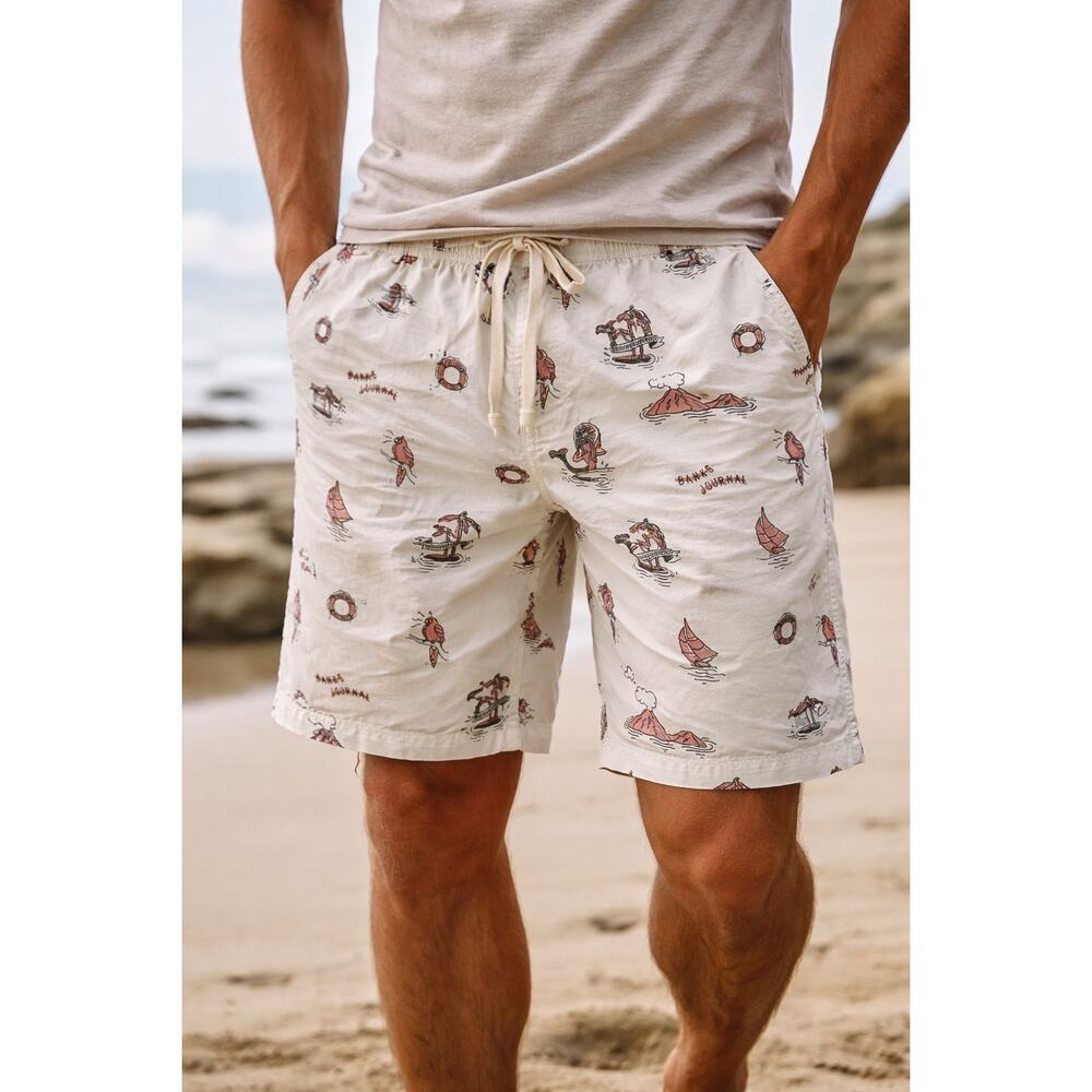 Banks Journal Swim Shorts Size 34 Cream Printed Beach Surf Trunks Drawstring